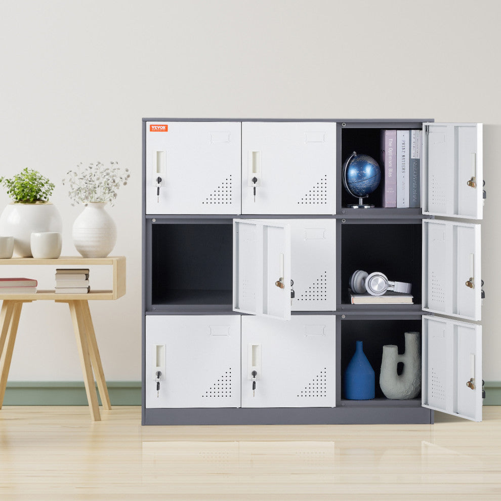 Metal Locker Cabinet 9 Compartment Steel Office School Gym Organize Storage, Gray