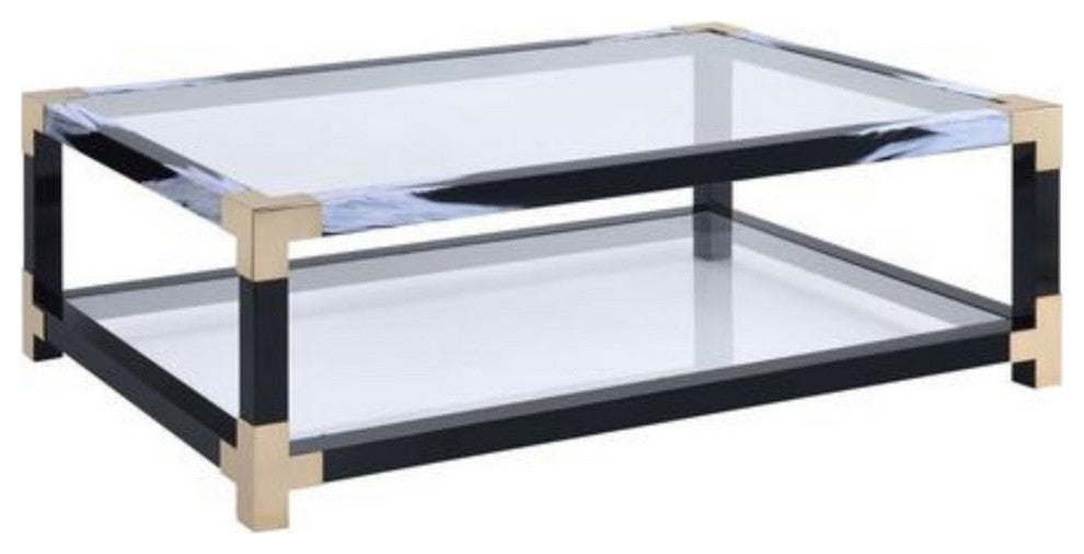Rectangular Metal Coffee Table with Glass Top and Shelf, Black