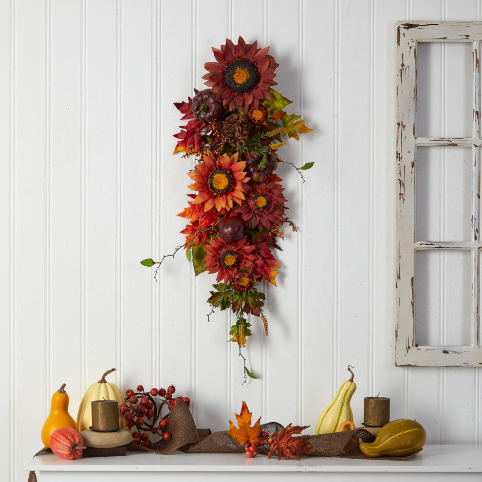 W1237 35 Autumn Sunflower, Pumpkin and Berries Artificial Teardrop