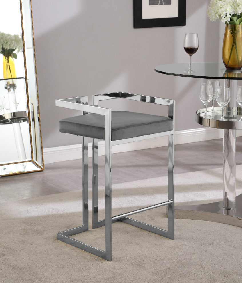 Ezra Counter Stool, Set of 2, Gray Velvet, Chrome Base