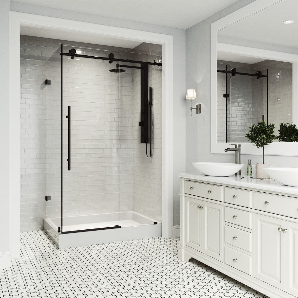 VIGO Elan E-Class Frameless Sliding Shower Enclosure, Matte Black, 36" D X 48" W X 82" H, Right Base