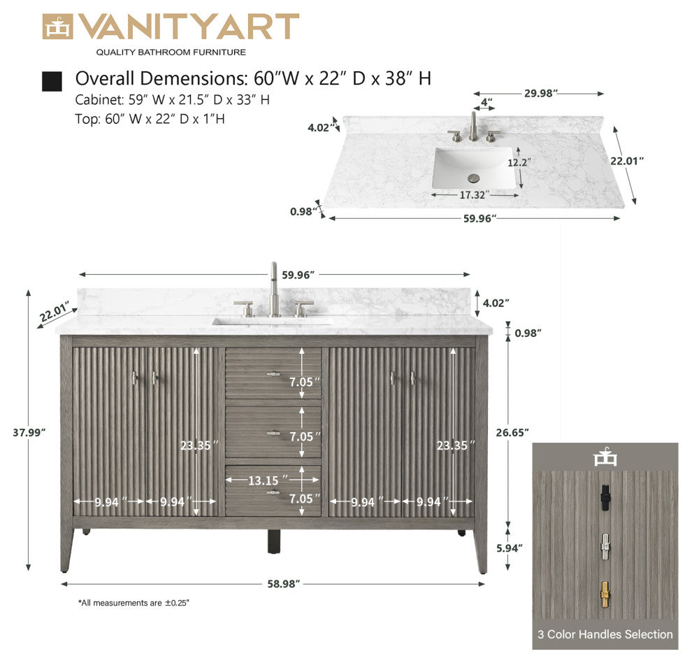 Vanity Art Freestanding Vanity, Driftwood Gray, 60", Single Sink, Golden Brushed