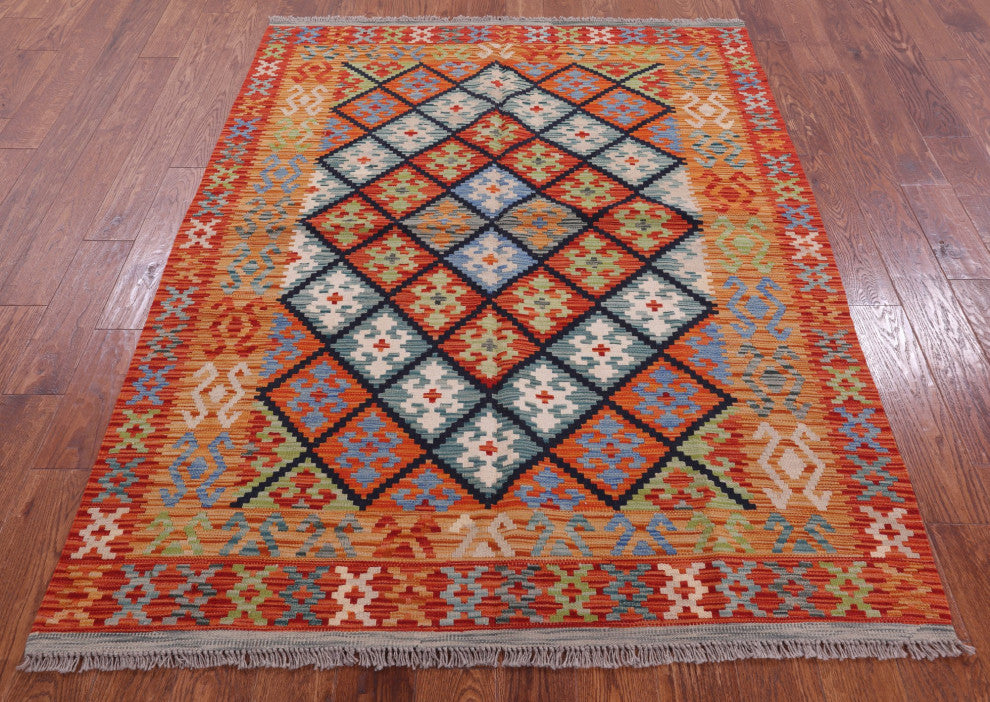 5' 2" X 6' 7" Wool On Wool Kilim Flat Weave Reversible Rug Q9483
