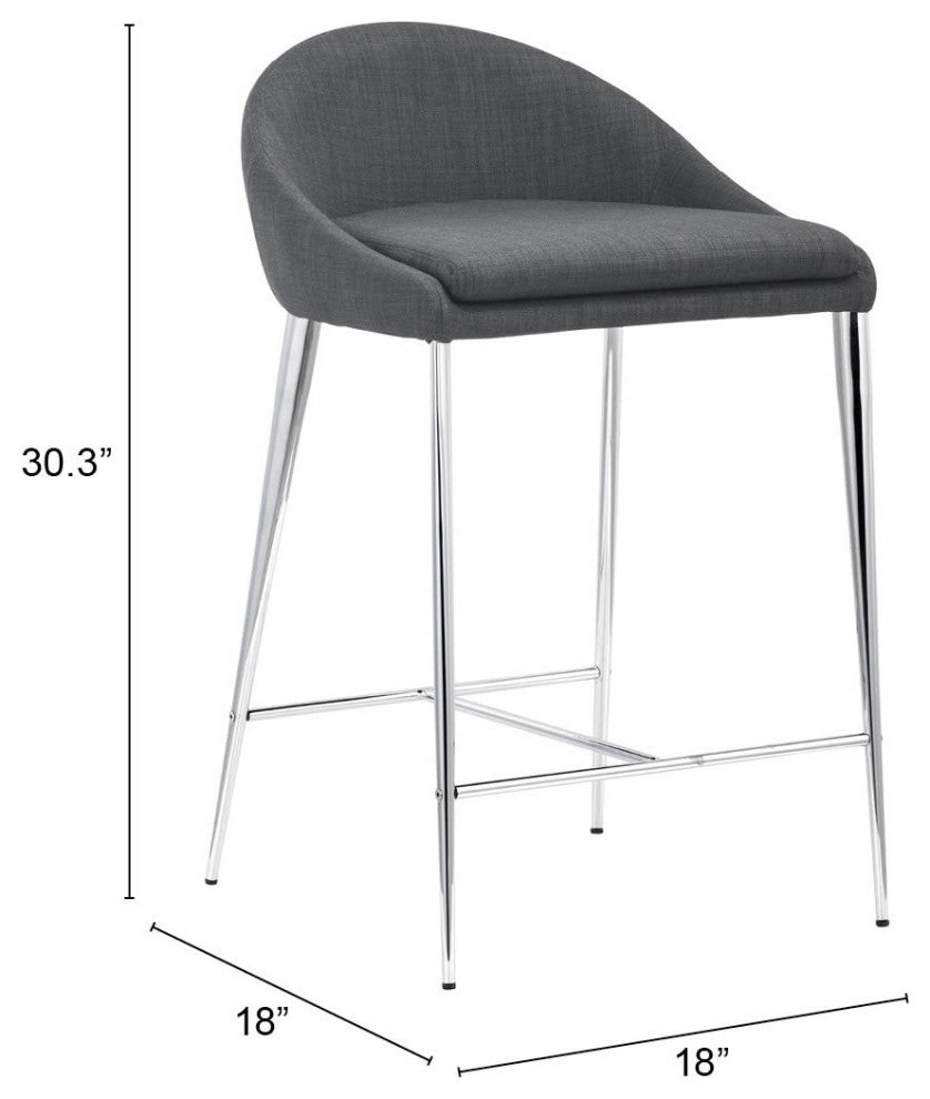 Counter Stool Chair, Set of 2, Steel Metal, Fabric, Gray, Chrome