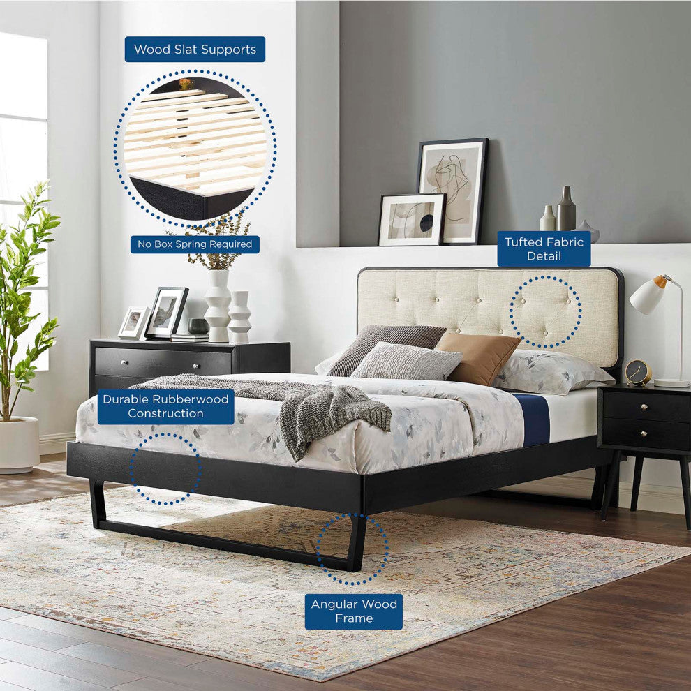 Platform Bed Frame, Queen Size, Fabric, Wood, Black Beige, Modern Mid-Century