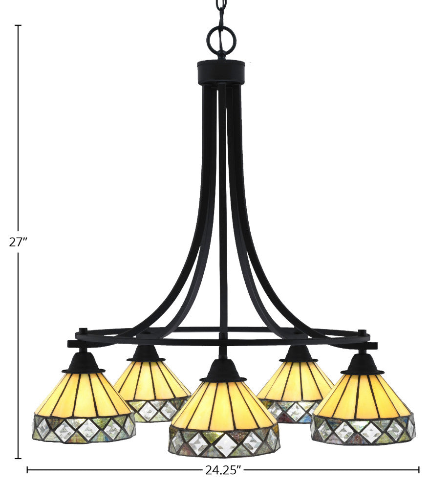 Paramount 5-Light Chandelier, Matte Black, 7" Diamond Peak Art Glass