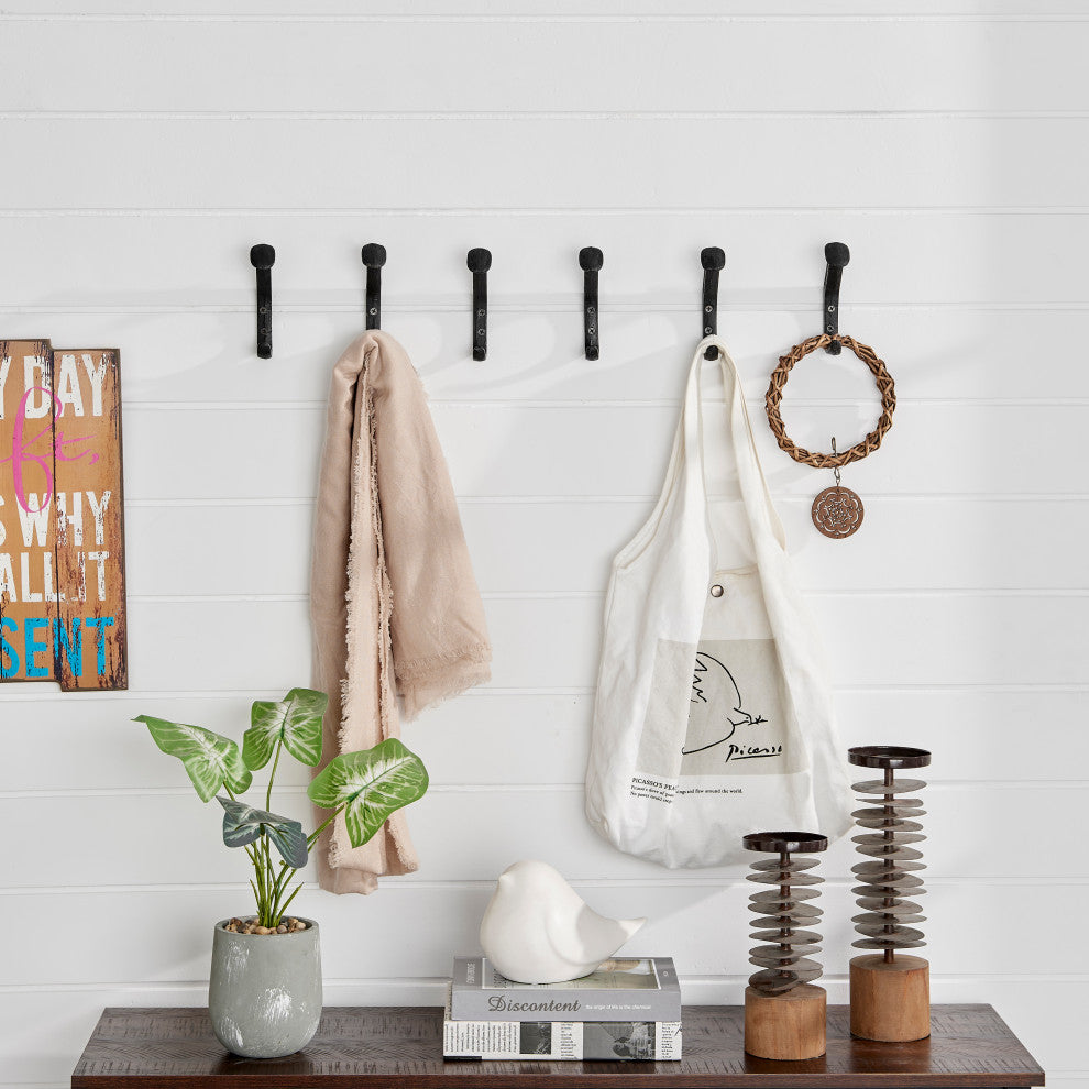 Black Cast Iron Railway Spike Wall Mount Hook Set, Set of 6