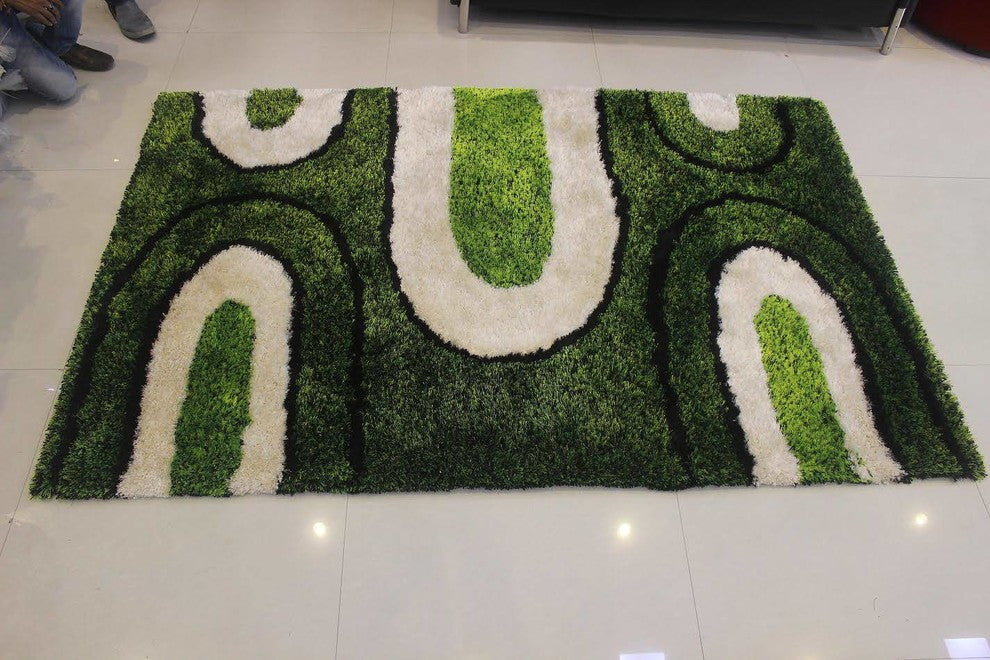 Modern Shaggy Hand Tufted Oriental Shag Area Rug, Green, 5x8'