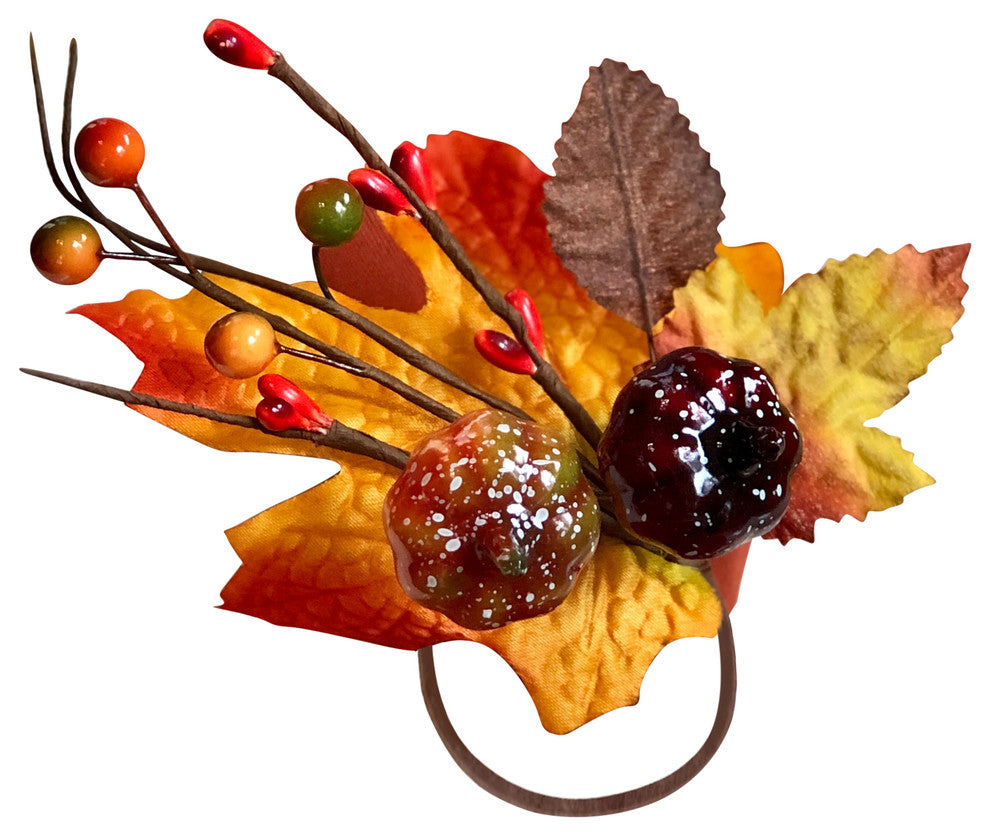 Set of 6 Fall Napkin Rings, Pumpkin and Leaves