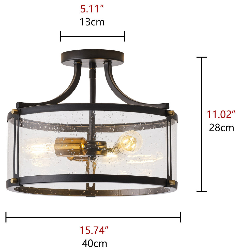 Farmhouse Matte Black 3-Light Seeded Glass Semi Flush Mount Ceiling Light