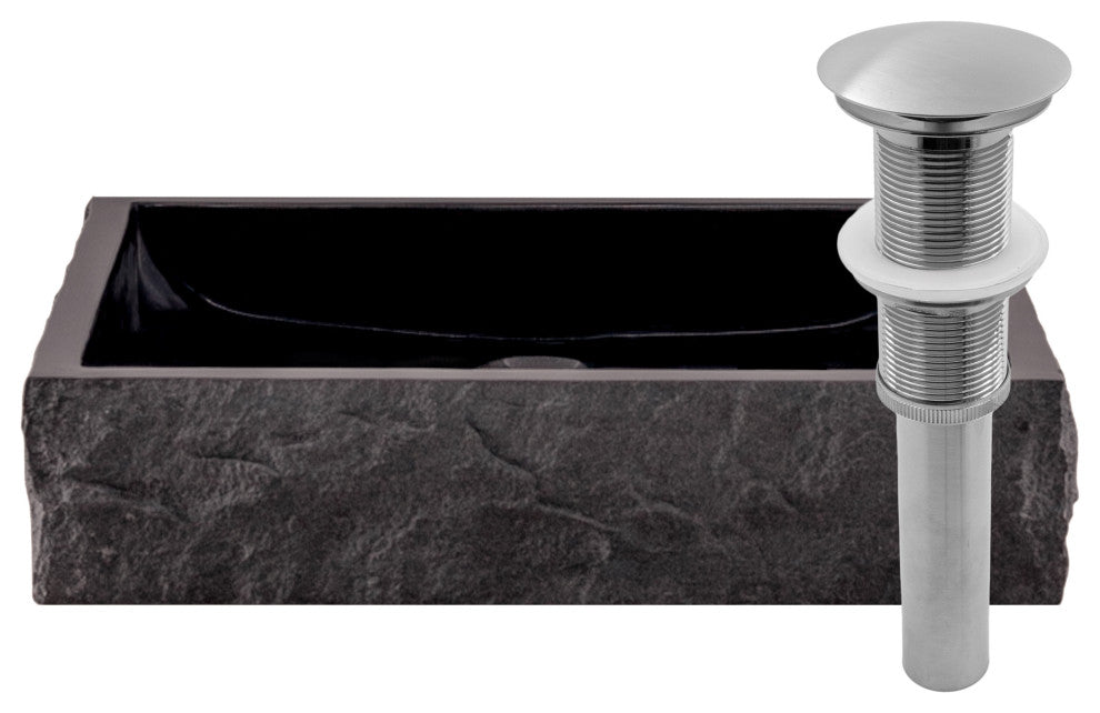Natural Black Granite Square Vessel Sink with Chiseled Exterior and Drain, Brushed Nickel