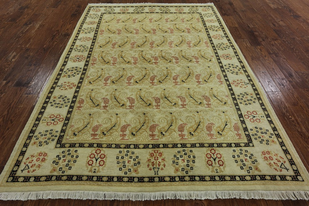 Oriental Ivory Oushak Hand-Knotted Peshawar Chobi Wool Rug, 6'x9'