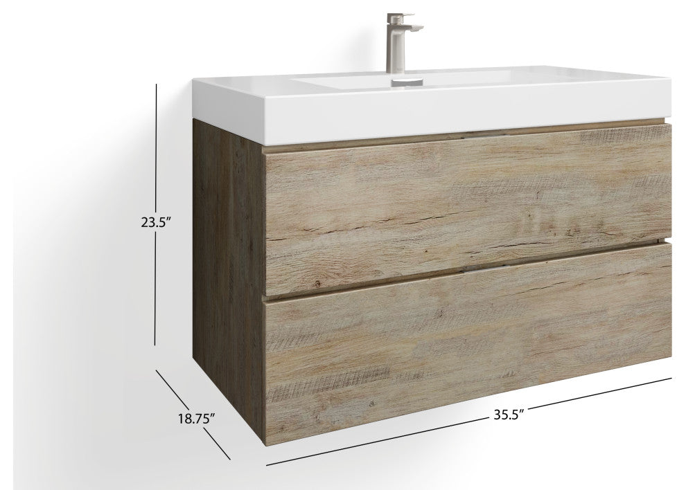Boutique Bath Vanity, Natural Wood, 36", Single Sink, Wall Mount