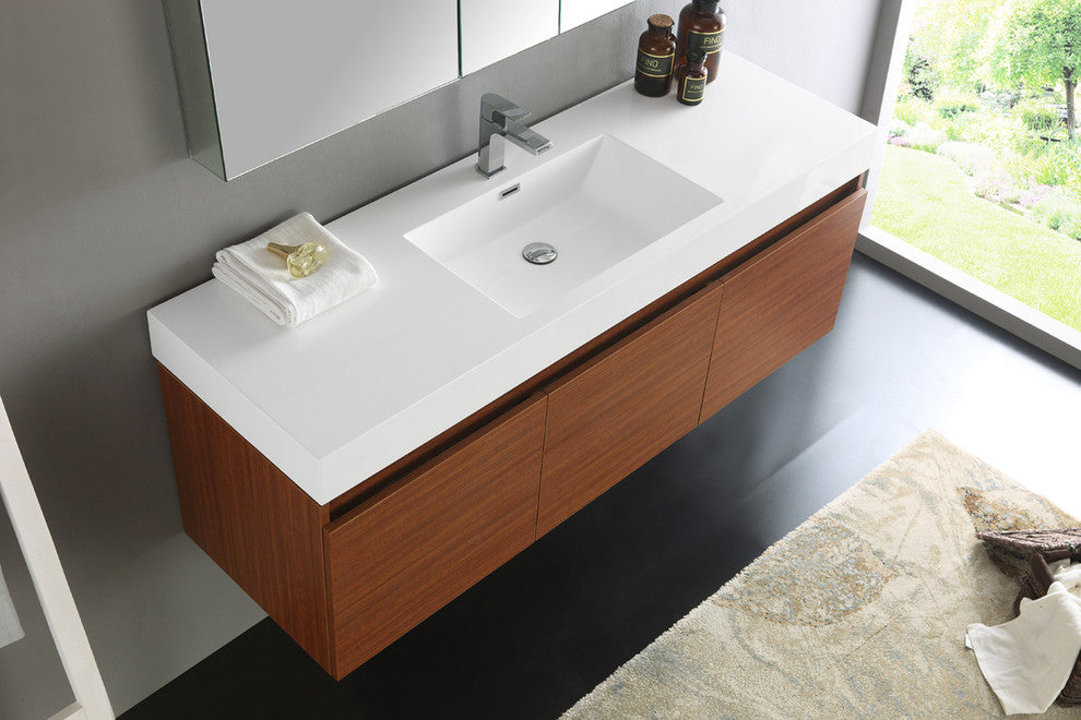 Mezzo 60" Teak Wall Hung Single Sink Modern Bathroom Vanity, FFT3111CH