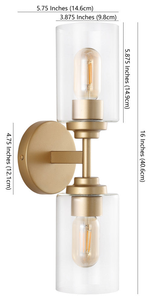 Giles 16" 2-Light Farmhouse Industrial Cylinder LED Vanity, Brass Gold/Clear