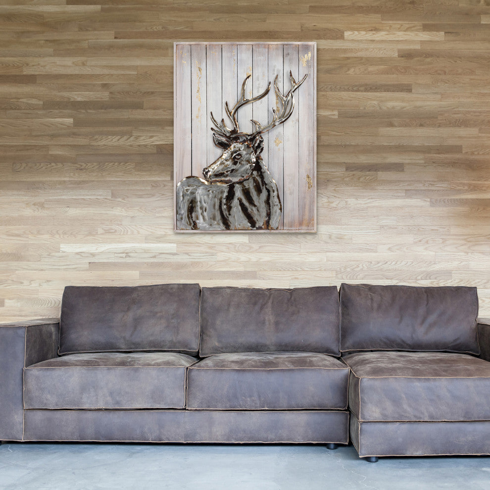 "Deer 2" Hand Painted Iron Wall Sculpture on Slatted Solid Wood Wall Art 40"x30"