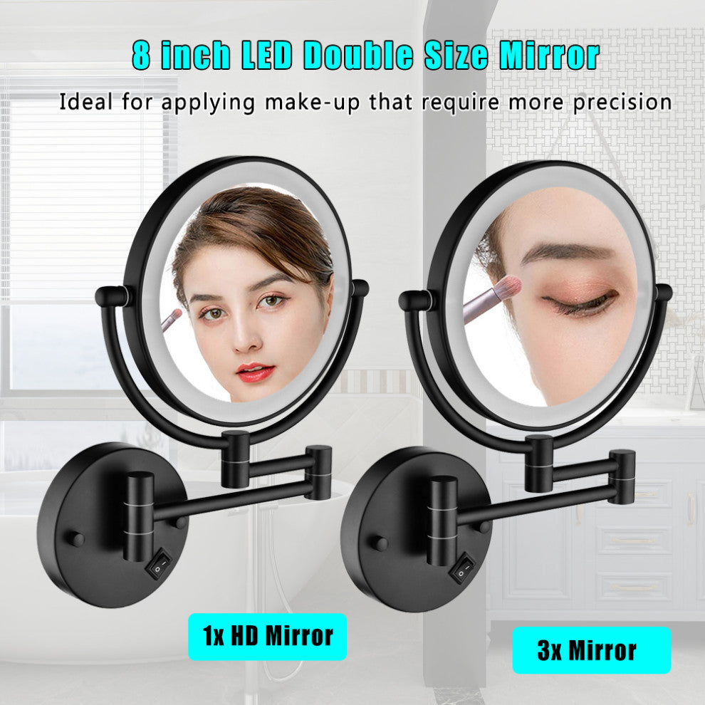 8" Round Framed Swing Arm Wall Mounted LED Makeup Mirror, Matte Black