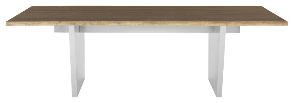 Aiden 96-inch Rectangular Dining Table in Brushed Stainless and Seared Oak Top