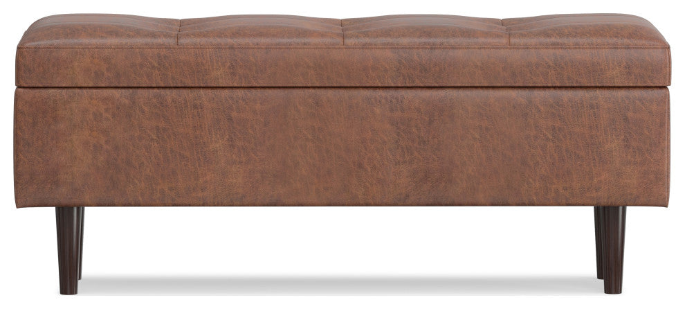 Shay Mid Century Rectangular Storage Ottoman, Distressed Saddle Brown