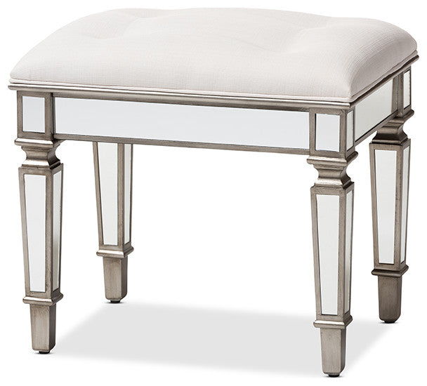 Keswick Off White Fabric Mirrored Ottoman Vanity Bench