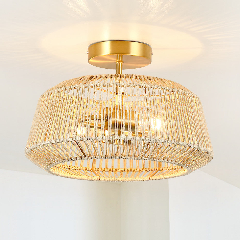 14" W 2-Light Rattan Semi-Flush Mount Ceiling Light