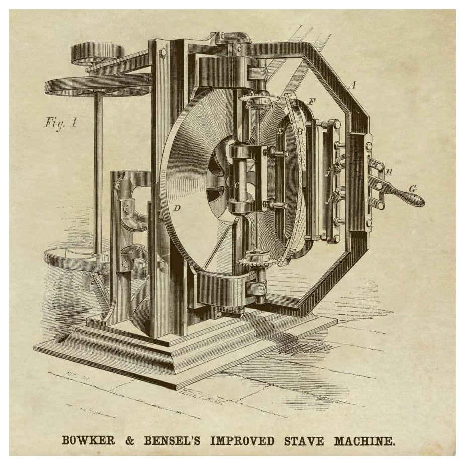 "Bowker & Bensel's Improved Stave Machine" Paper Print by Inventions, 18"x18"