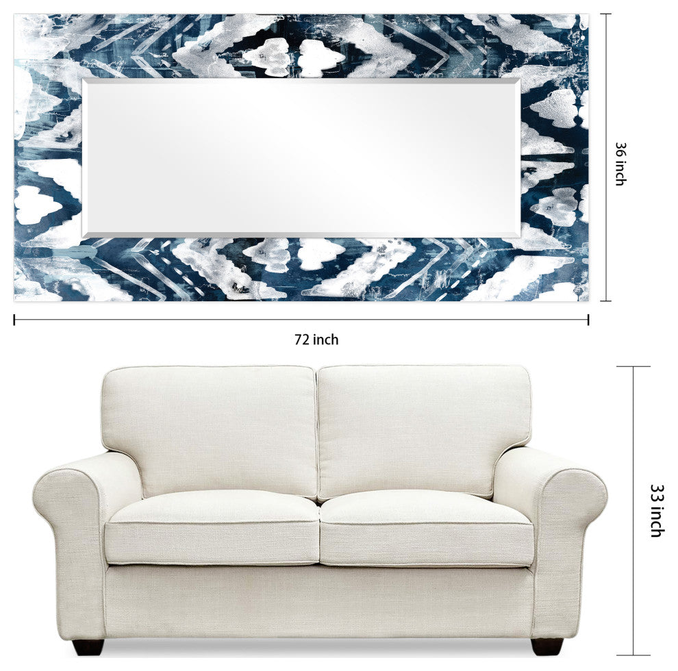 Abstract Rectangular Beveled Mirror on Free Floating Printed Tempered Art Glass