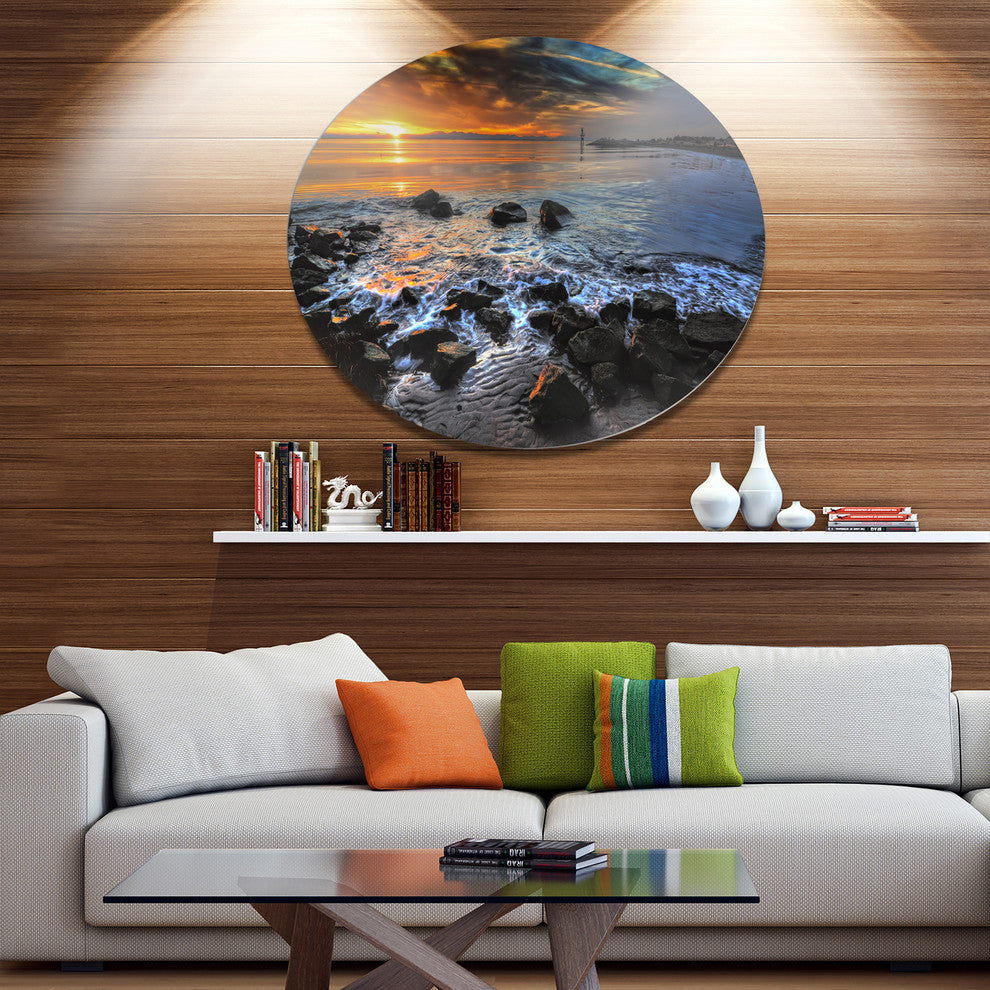 Sunset Over Rocky Ocean Shore, Landscape Art Round Wall Art, 23"