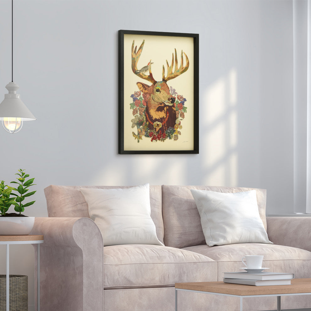 Mr. Deer Dimensional Handmade Collage Wall Art Framed Under Glass