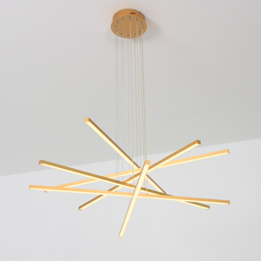 LED Modern Line Pendant Light Dimming, Remote, Aluminum Light, Gold, 6 Lights