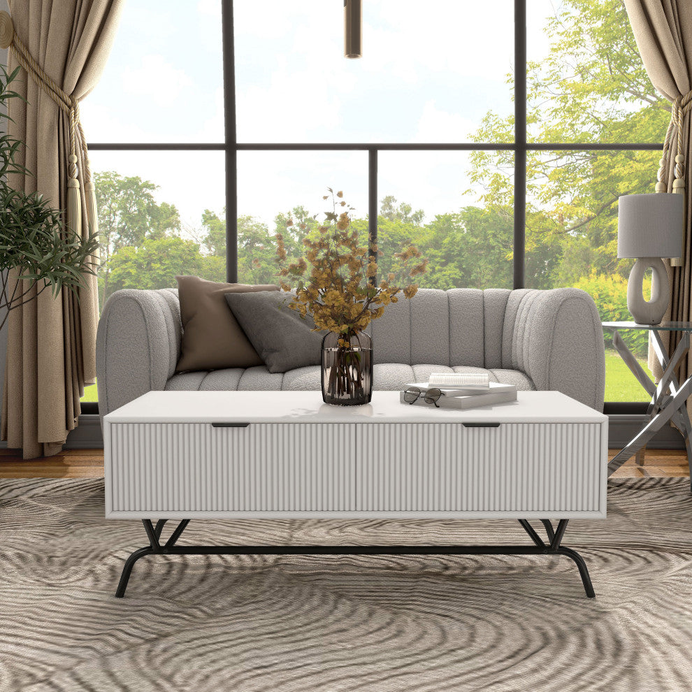 Danel 42 in. Rectangle Coffee Table With 2-Drawers and Metal Legs, White
