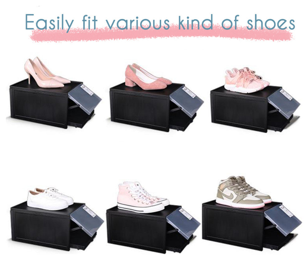 Set of 4 Stackable Shoe Storage Box, Black, Pull-out Sliding Shoe Container
