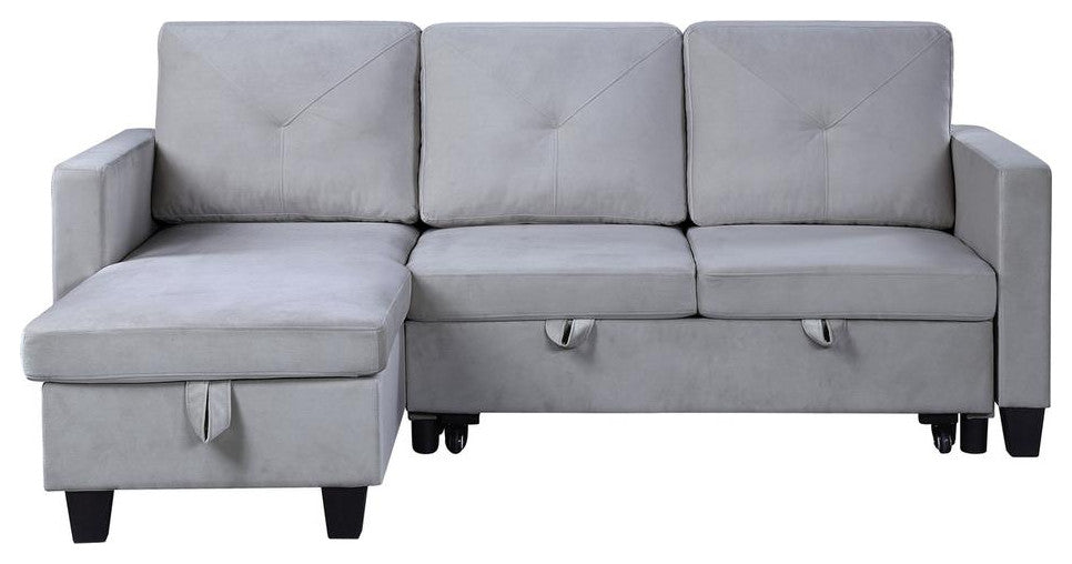 Nova Light Gray Velvet Reversible Sleeper Sectional Sofa with Storage Chaise