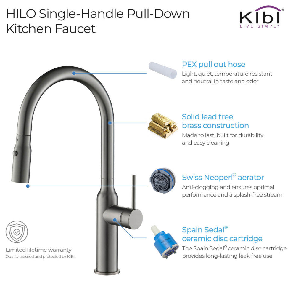 KIBI Hilo Single Handle Pull Down Kitchen Faucet, Titanium, W/ Soap Dispenser