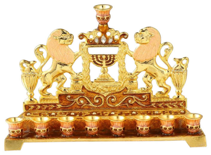 Hand Painted Enamel Menorah Candelabra With Lions and Menorah Design