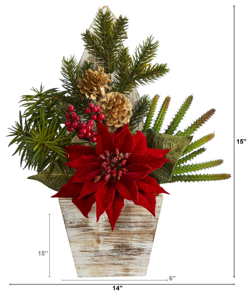 15" Poinsettia, Cactus and Succulent Faux Arrangement, Christmas Tree Planter