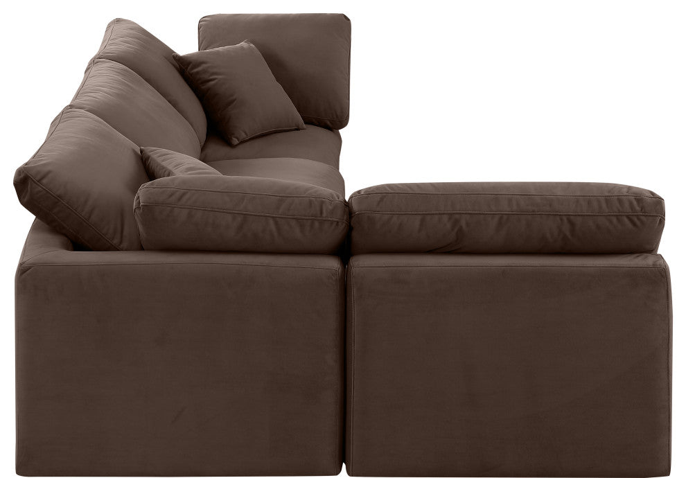 Indulge Upholstered Modular L-Shaped Sectional, Brown, 4-Piece: 2 Armless Chair, 2 Corner Chair, Down Stuffed Velvet