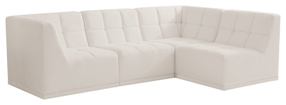 Relax Velvet Upholstered 4-Piece L-Shaped Modular Sectional, Cream
