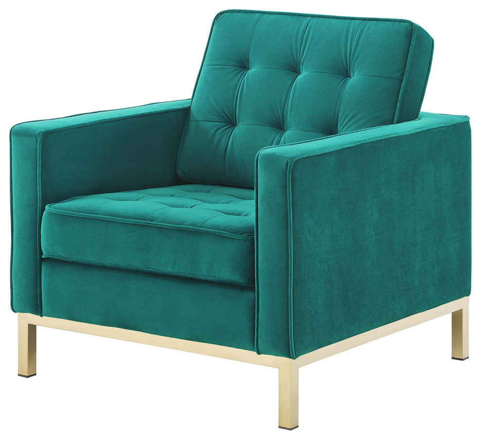 Armchair and Loveseat Sofa Set, Velvet, Gold Teal Blue, Modern, Lounge