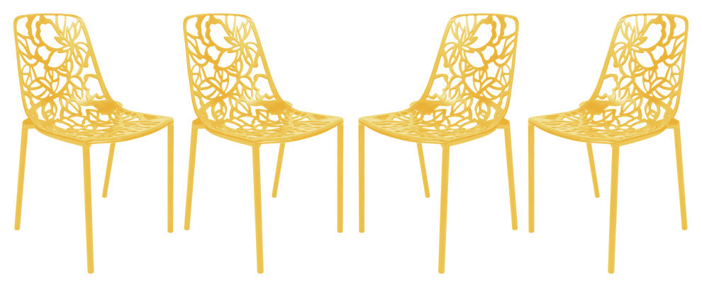 LeisureMod Devon Modern Outdoor Stackable Aluminum Dining Chair, Set of 4, Yellow