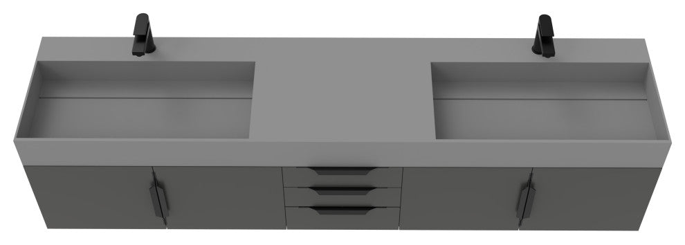 CastelloUSA Amazon 84" Wall Mounted Bathroom Vanity Set, Black, Gray Top, Black Handles