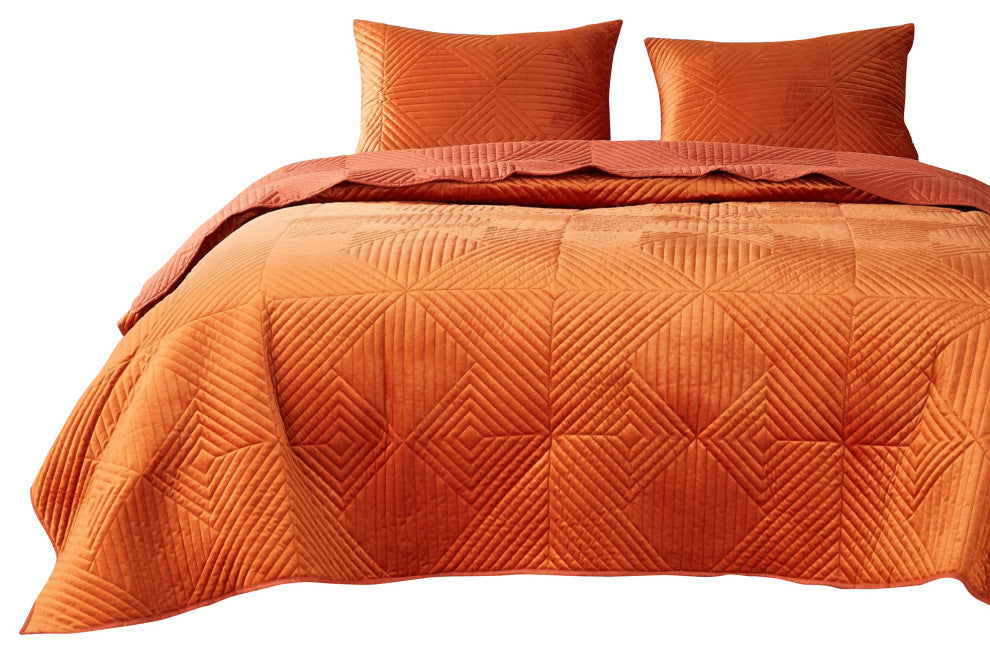 Benzara BM280413 3 Piece Velvet King Quilt Set, Diamond Quilting Design, Orange