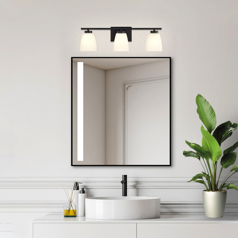 22 in. 3-Light Matte Black Vanity Light With Square Etched White Glass Shades