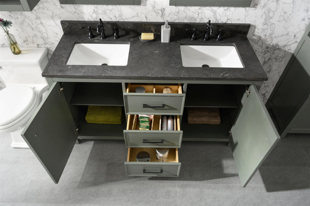 60" Double Sink Vanity Cabinet, Carrara White Top, Pewter Green