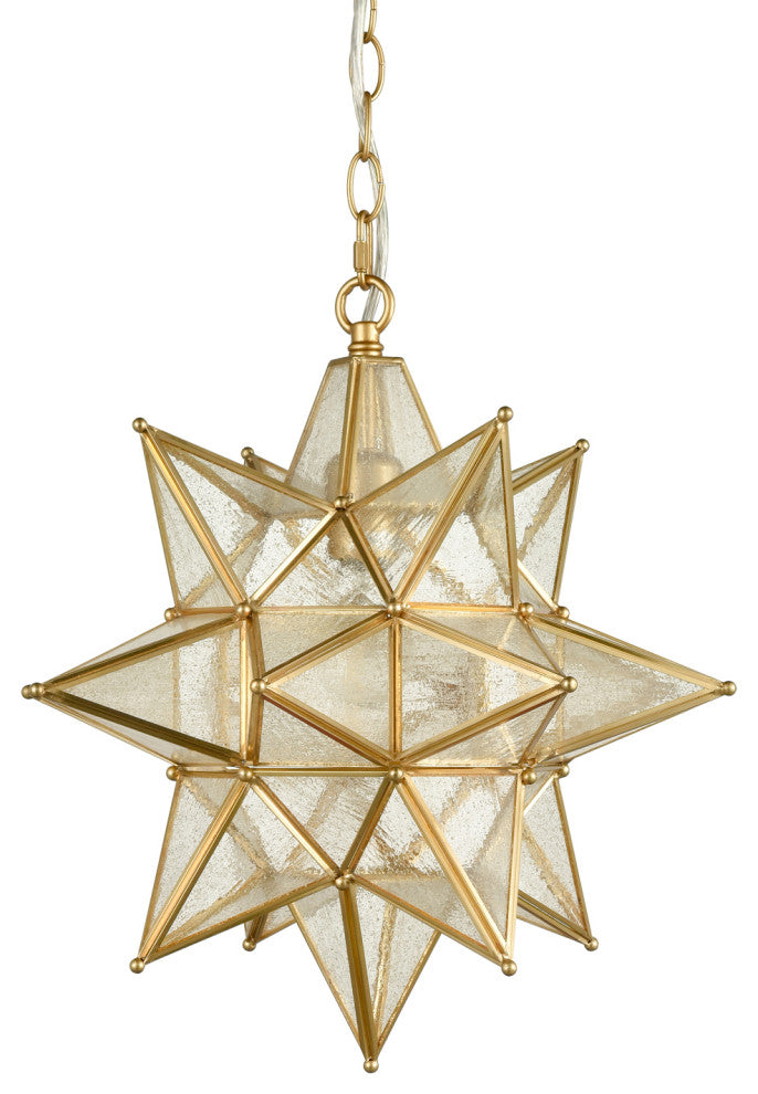 Moravian Star Pendant Lighting Seeded Glass Hanging Light, Brass, 16"