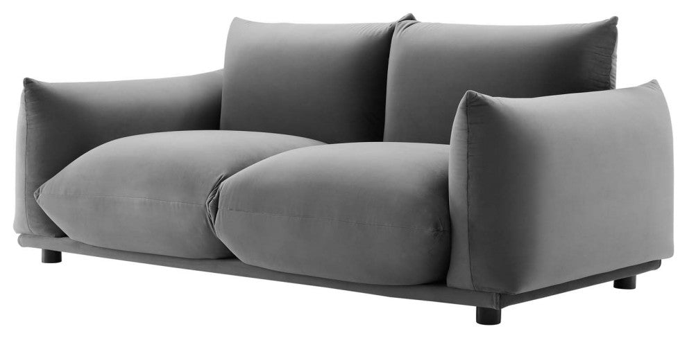 Loveseat Sofa, Velvet, Gray, Modern, Living Lounge Hotel Lobby Hospitality