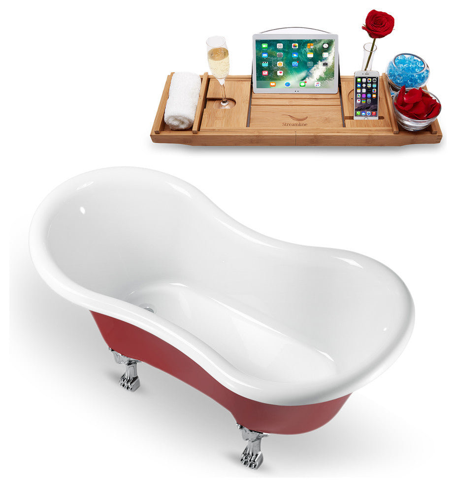 62" Red Clawfoot Tub and Tray, Chrome Feet, Chrome Internal Drain