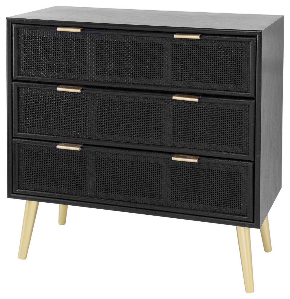 Benzara BM285092 Dresser Chest Cabinet, 3 Drawers, Woven Rattan, Modern, Gold