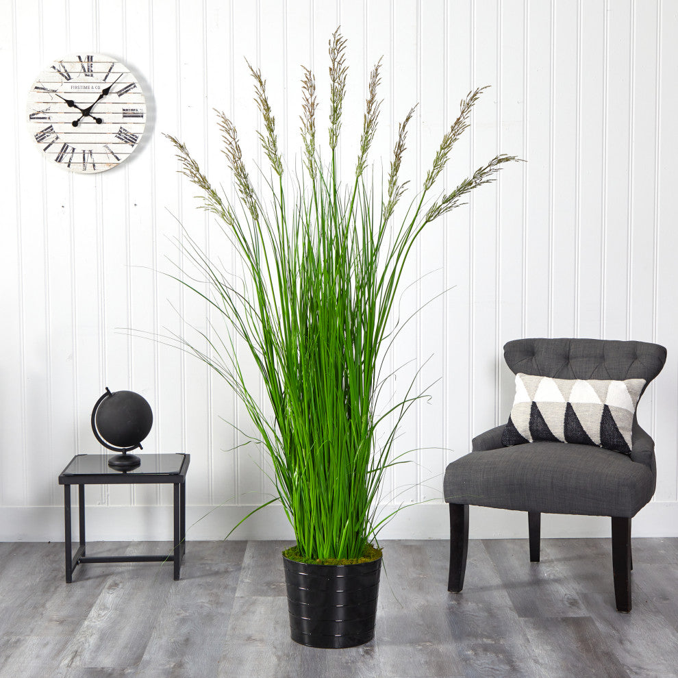 6' Grass Artificial Plant, Black Tin Planter