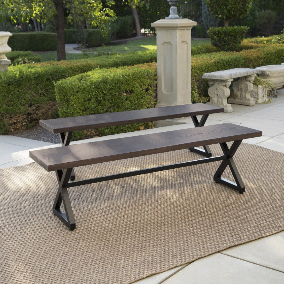 GDF Studio Rosarito Outdoor Dining Bench With Black Steel Frame, Set of 2, Brown